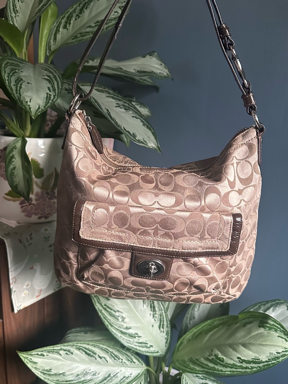 Coach Signature Hobo Shoulder Bag in Light Taupe and Brown Trim